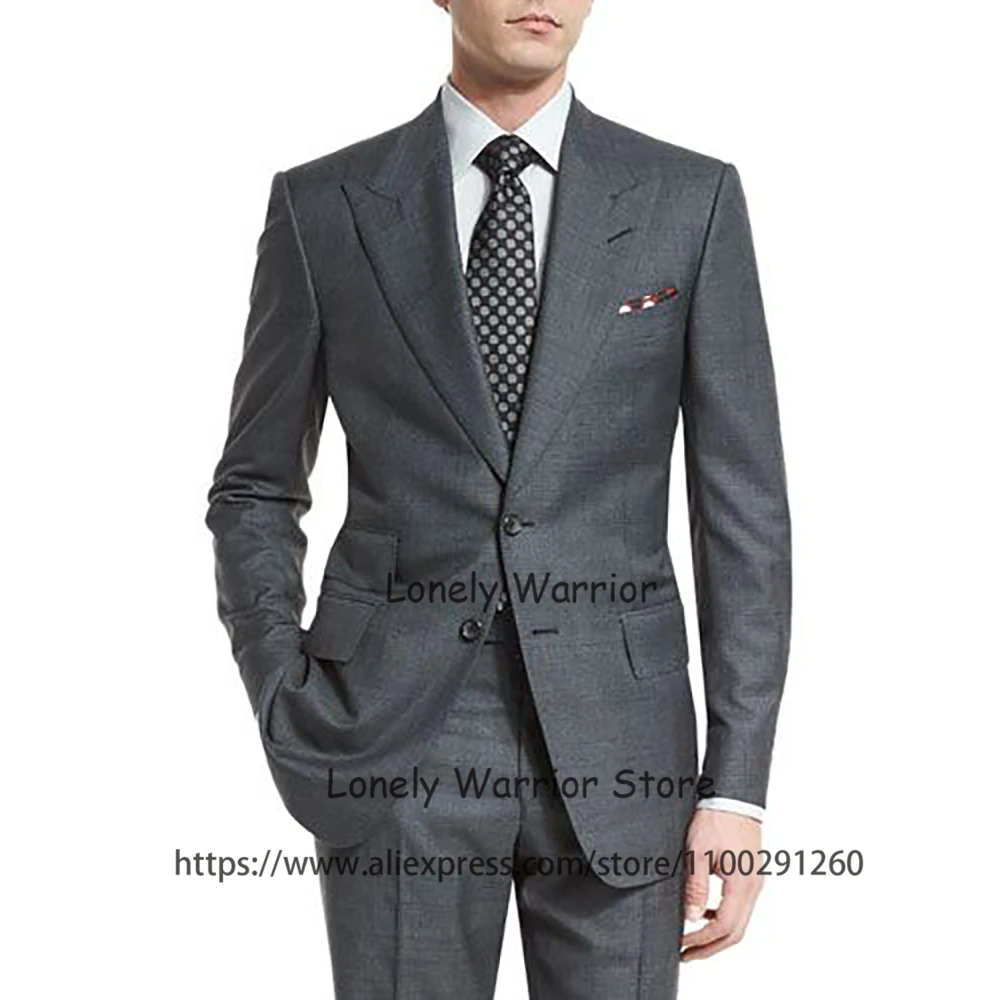 Handsome Grey Mens Suits Peak Lapel Business Blazer Banquet Tuxedo Party Prom Slim Fit 2 Piece Set Terno Masculino Jacket Pants