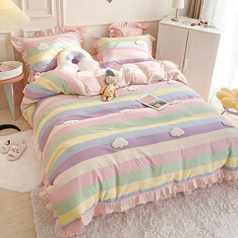 Internet Celebrity Cute Girl Heart Pure Cotton Four Piece Set Rainbow Duvet Cover Bed Skirt Ins Princess Style Cotton Bedding