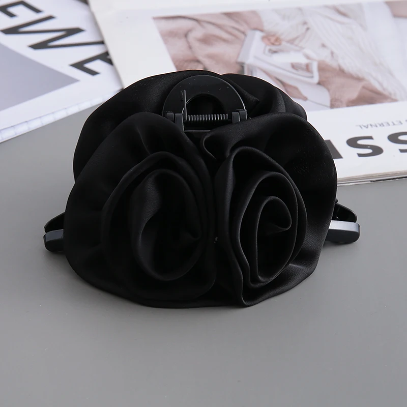 French Court Elegant Satin Rose Grab Clip with Large Shark Grab Clip on the Back of the Head