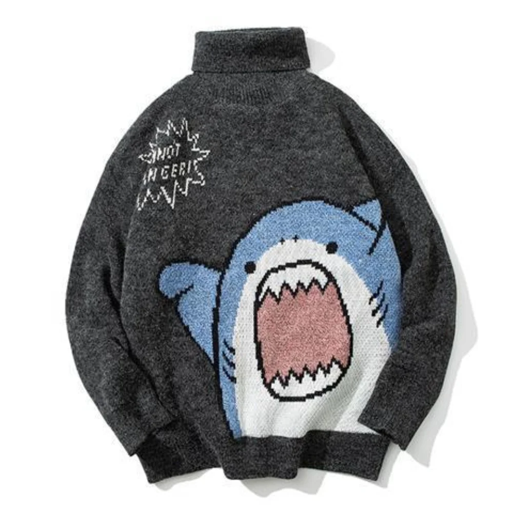 Men Women Sweater Cartoon Shark Jacquard Unisex Couple Thicken Fall Winter Oversized Vintage Casual Trendy Knitwear Pullover Top