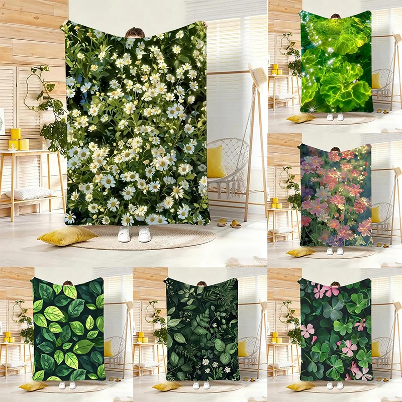 Sparkling Green Leaf Throw Blanket  Luminous Foliage Nature Botanical Art Decor for Sofa Bedroom Blanket