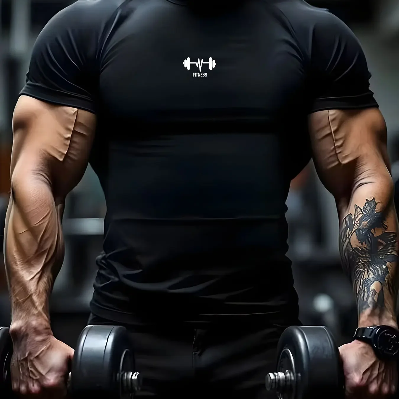 2026 new men's and women's short sleeved fitness tops with dumbbell pattern print, fashionable design, elastic fit
