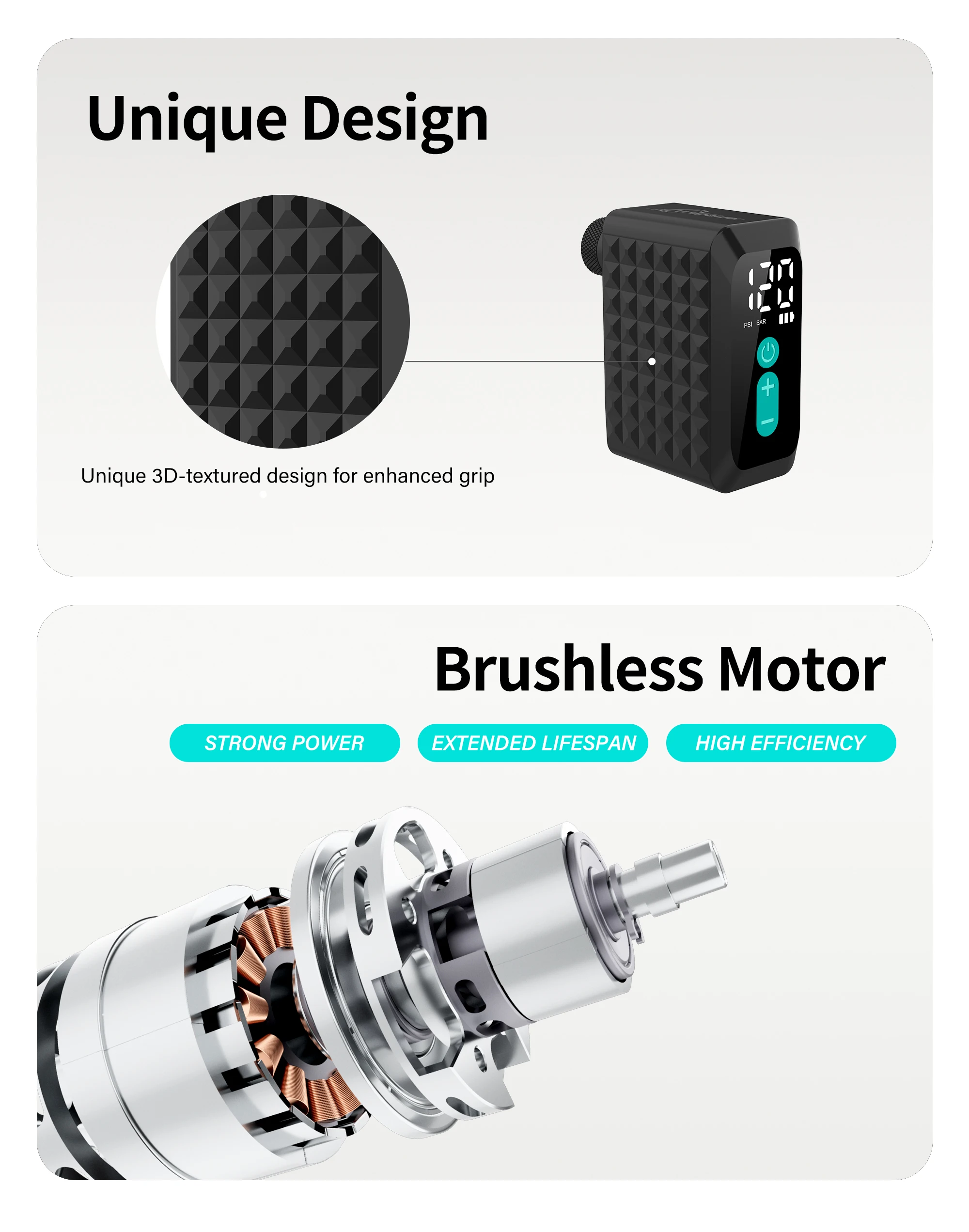 Elektrische Fahrradpumpe 120PSI Reifenfüller mit 4-in-1-Ventilen (Presta, Schrader, Dunlop & Clik-Ventile), bürstenlosem Motor und digitaler Anzeige. – Detail 7