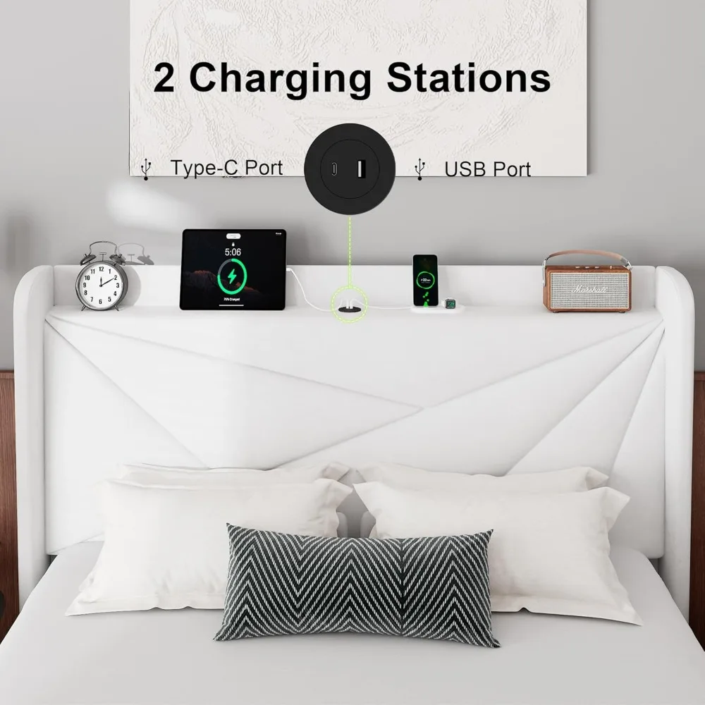 سرير بمنصة كوين مغطاة بالمخمل مع لوح أمامي وتخزين بأجنحة، بما في ذلك محطة شحن #4