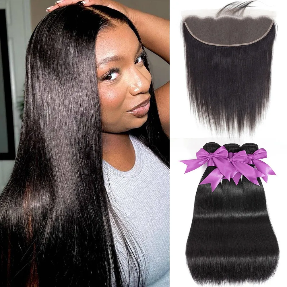 Straight Hair Bundles With 13x4 Frontal Closure Human Hair Bundles With Frontal Brazilian Hair Weaving  Extensions for Women