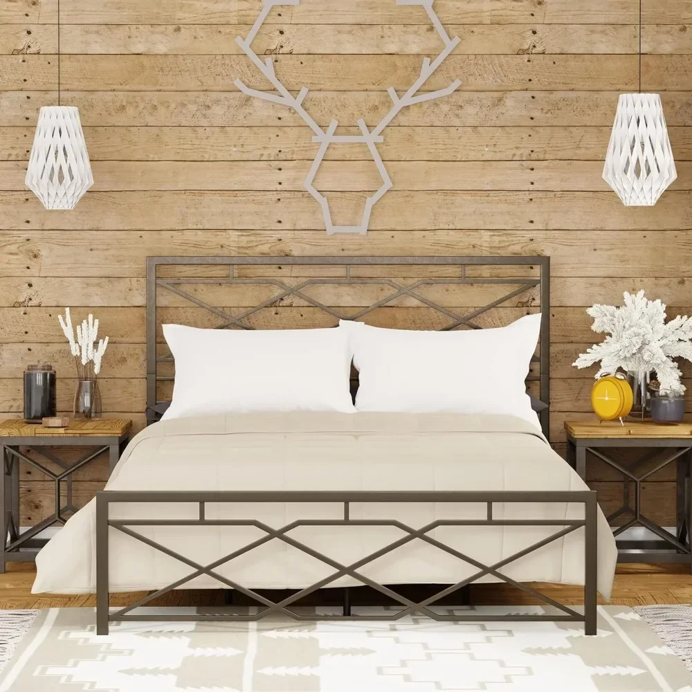 Bed Frame - Carbon Steel with Rustic Pewter Finish Folding Bed Frame - Easy Assembly with Headboard and Footboard