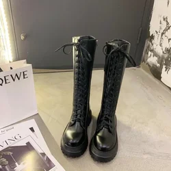 Stivali da moto da donna zeppe scarpe basse donna piattaforma tacco alto stivali in pelle PU scarpe da donna stringate stivali neri ragazze