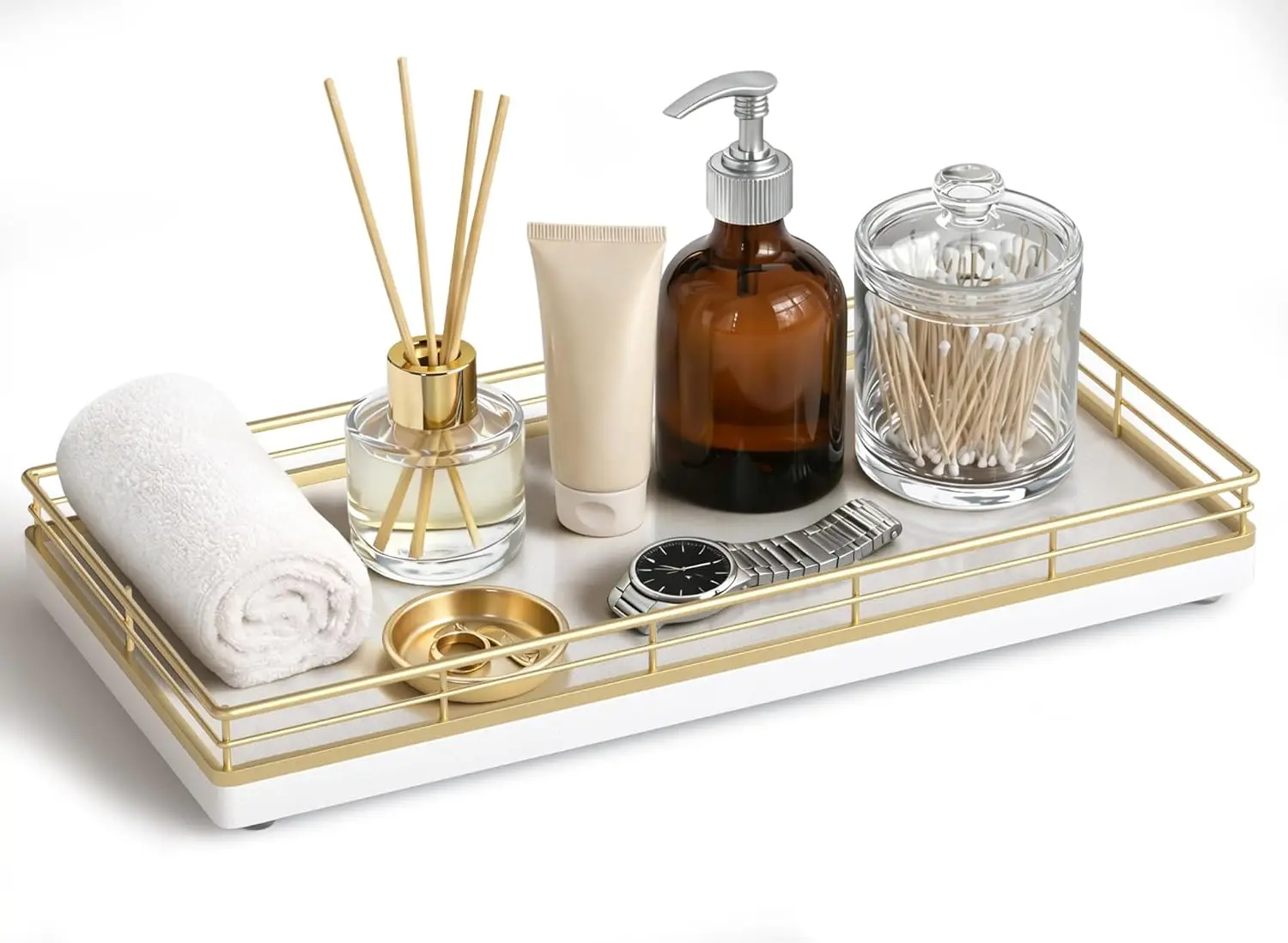 

Oak Countertop Tray with Metal Rail for Soap Perfume Skincare Non-Slip Dresser Organizer Gold White