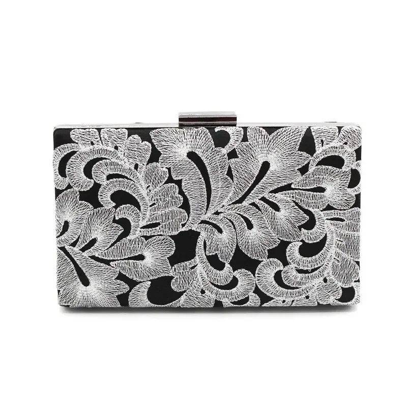 

Vintage Silver Embroidered Black Evening Purse Mother of Bride Clutch Bag Retro Contrast Color Classical Fashion Women's Handag