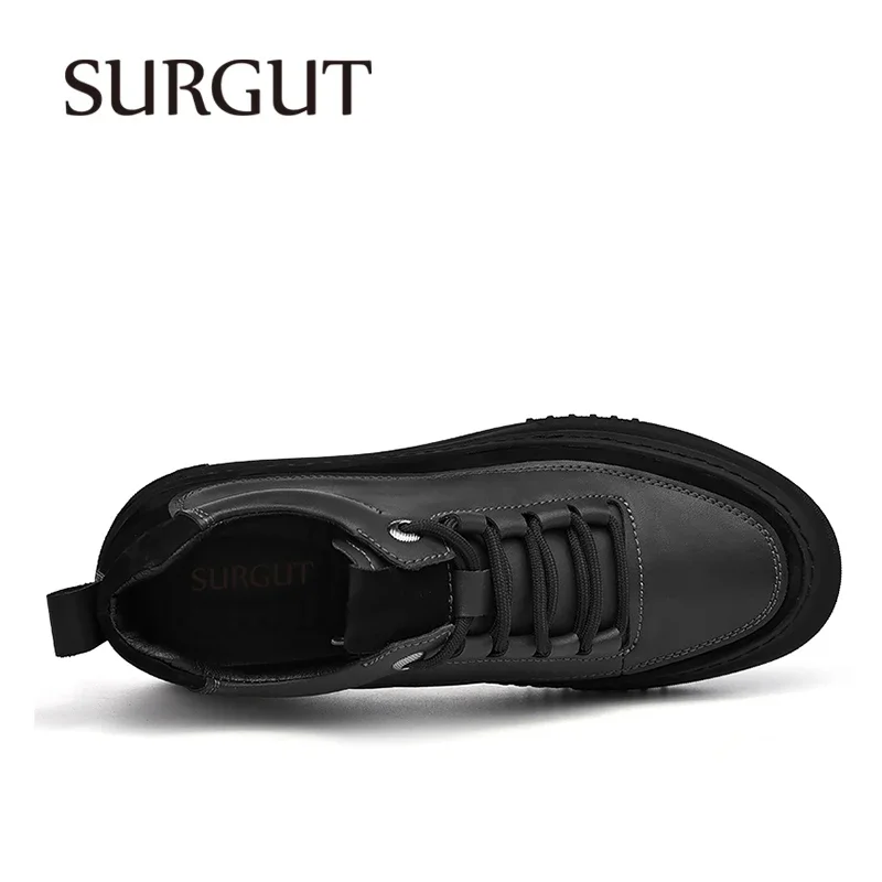 SURGUT Men's Casual Shoes Cowhide Leather Autumn Winter Non-Slip Comfortable Fashion Splicing Thick Sole Shoes Size 38-44