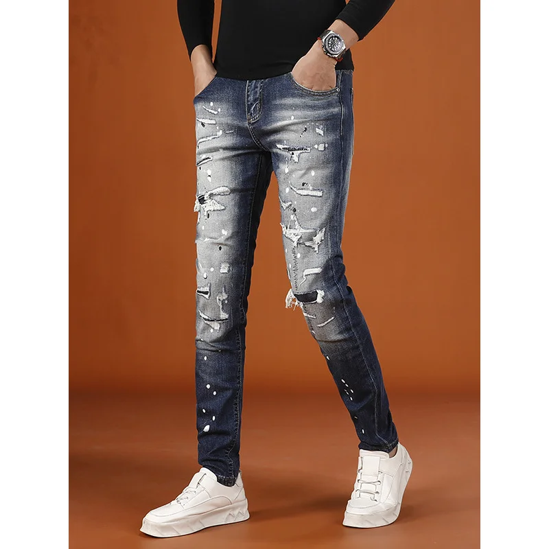 Осенние винтажные рваные брюки мужские 2025 новые высококачественные модные уличные стильные персонализированные красивые эластичные джинсы