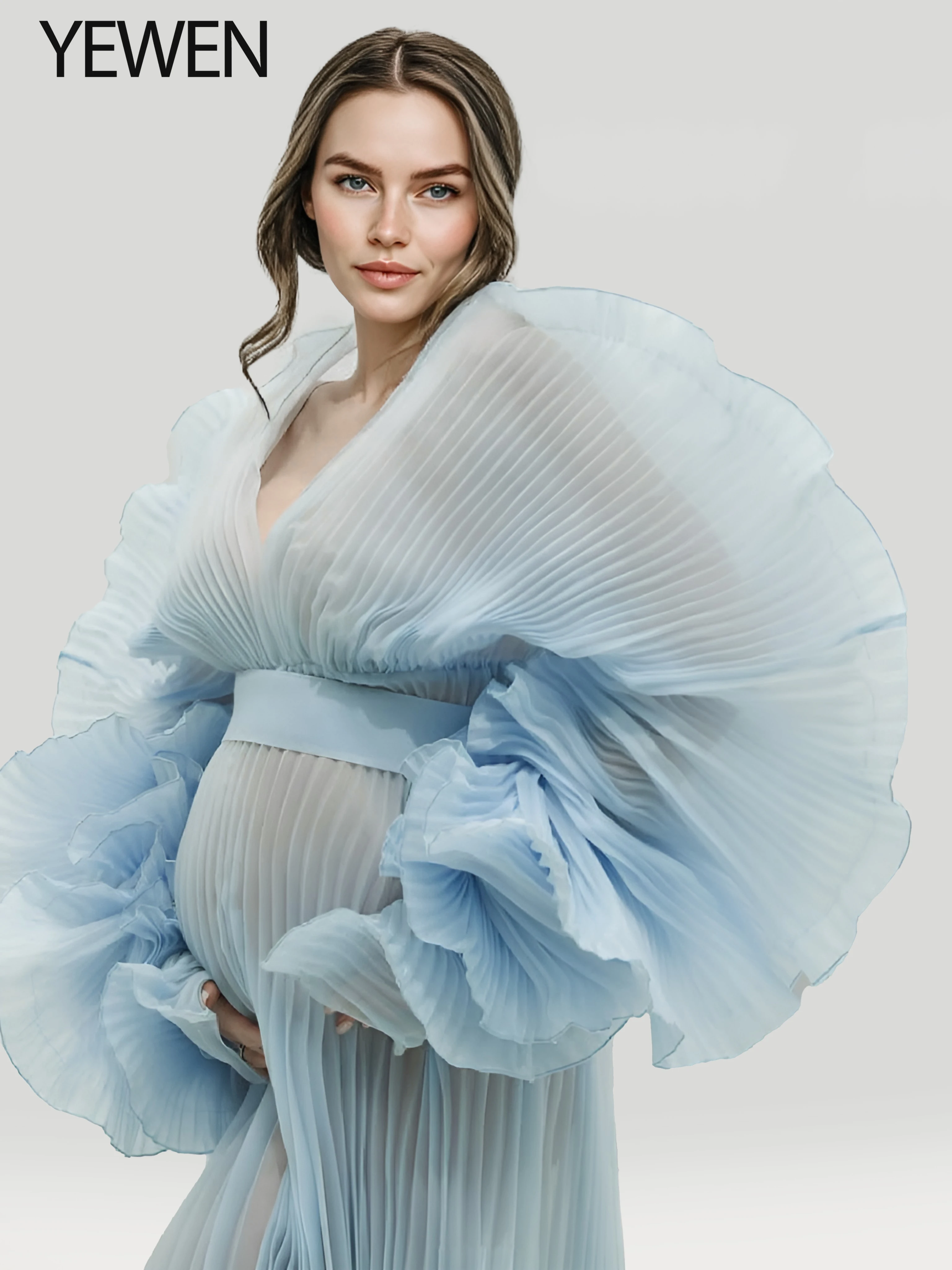 

Custom Color Pleated Maternity Photoshoot Dress Long Sleeve Sheer Pregnancy Gown Baby Shower Outfit YEWEN YW243116-1