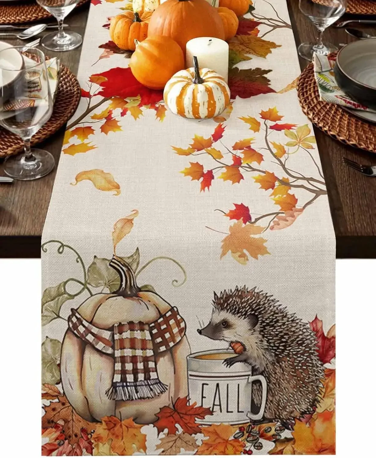 Fall Pumpkins Hedgehog Linen Table Runner party Decorations Autumn Maple Leaves Kitchen Table Runners Thanksgiving Decorations