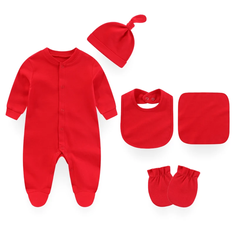 

Kiddiezoom New Year 5PCS Unisex Baby Clothing Set Solid Cotton Romper Newborn Boy Girl Hats Bibs Autumn Winter Infant Suits