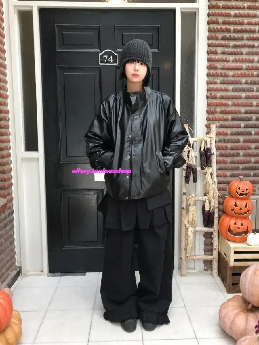 IMU Japanese Heavy Made Vintage Streetwear Pleated Skirt Patch Long Pants Two Pieces Casual Loose Skirt Pants Women Black Capris