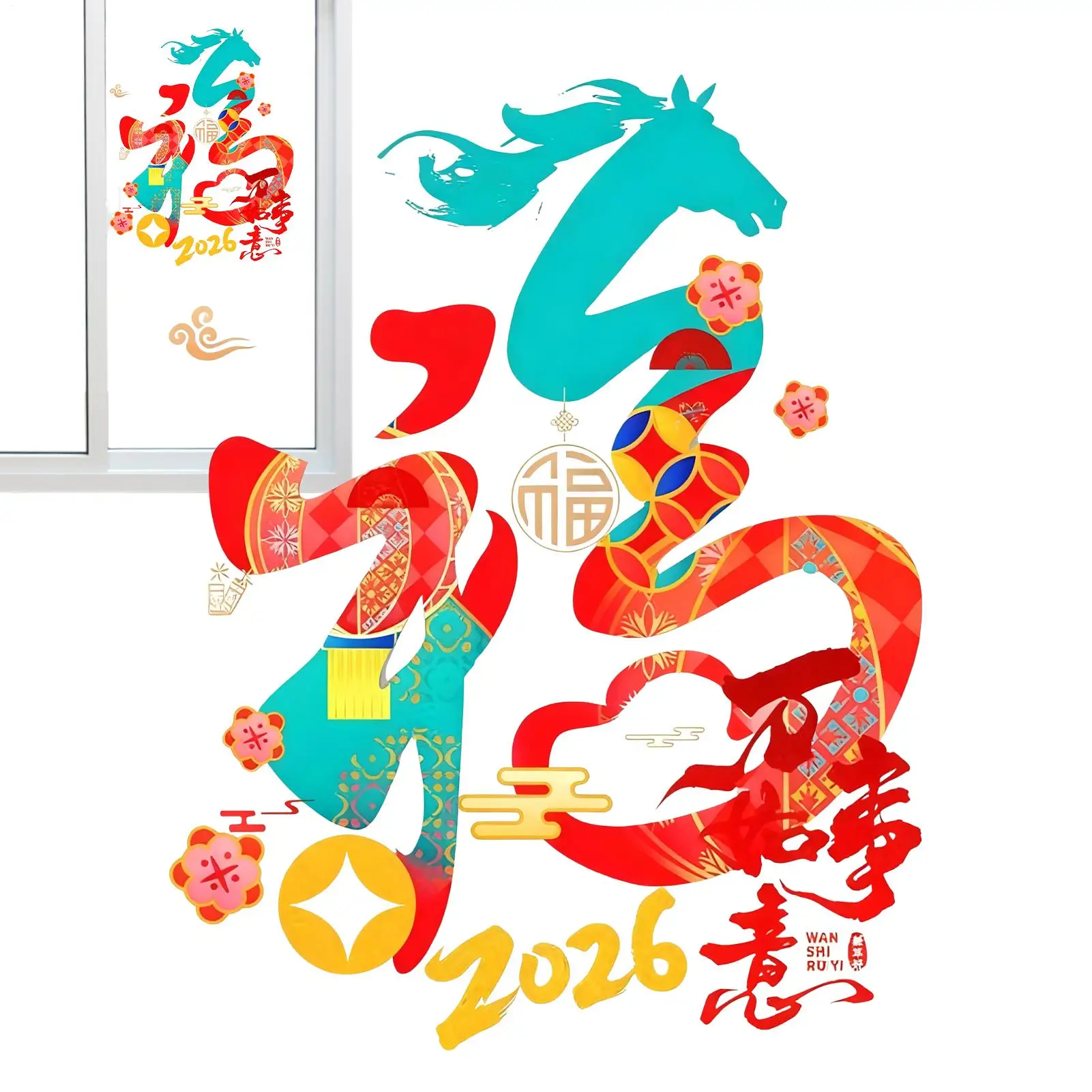 2026 New Year Decoration Glass Stickers Year Of Horse Static Adhesion Stickers "FU"Letter Window Film Spring Festival Decoration