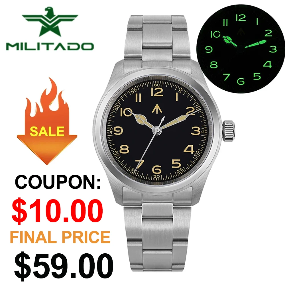 Militado ML08 V2 Vintage Quartz Watch Military VH31 Movement  Double Sapphire Crystal C3 BGW-9 Luminous Waterproof 38mm Watch