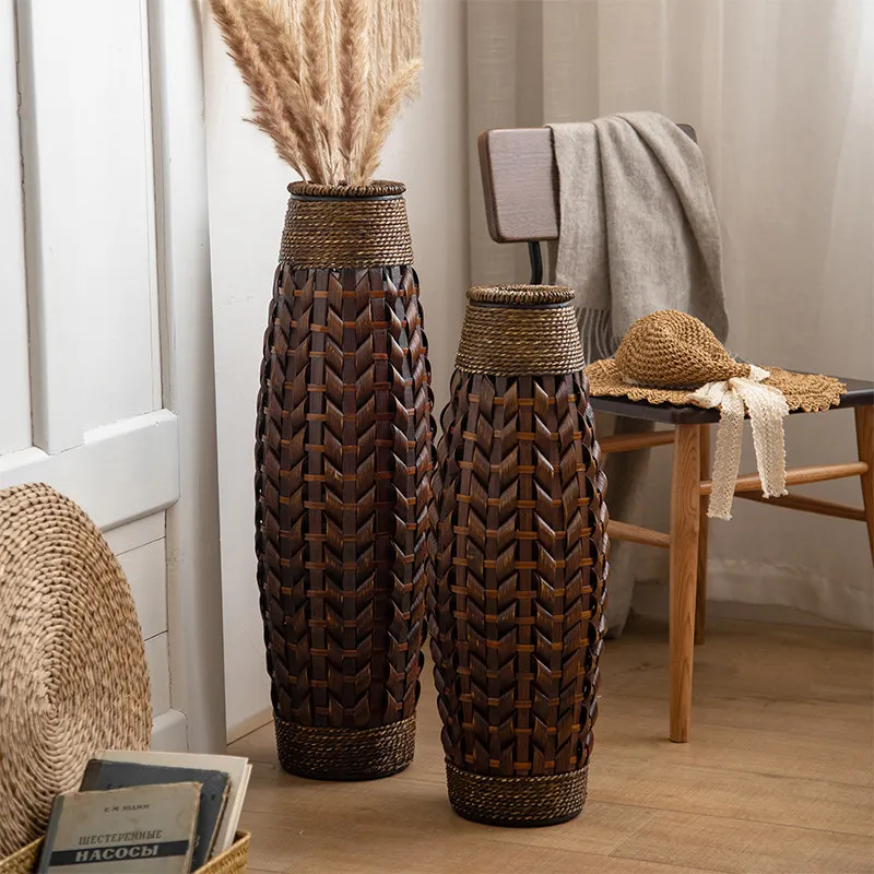 Straw rope woven vase rattan bamboo rattan glass dried flower arranger flower basket living room decoration