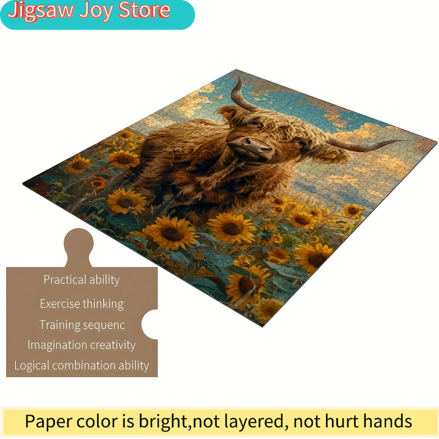 

Пазл для всей семьи - дизайн с изображением высокогорной крупного рогатой скотины и подсолнухов, средний уровень сложности, яркие цвета, портативный.