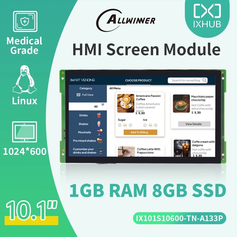 IXHUB HMI 10.1 inch 1024*600 Allwinner A133P LCD Module Network RS232 RS485 Android Linux Ubuntu 4GB DDR4 32GB SSD USB WiFi BT