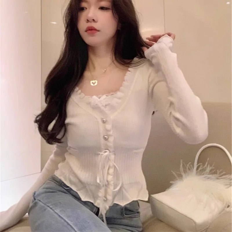 V-neck Shirt Women Lace-up Design Button All-match Slim Fit Sweet Spicy Girls Streetwear Defined Waist Cropped Tops Knitted Y2k