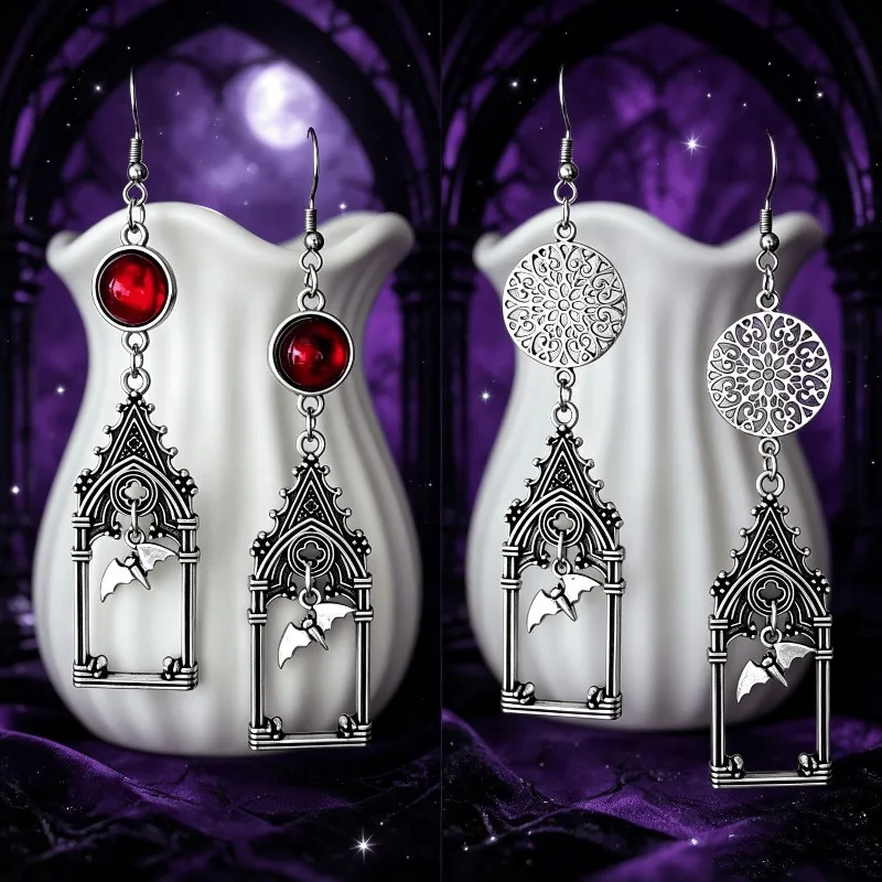 Gothic Cathedral Bat Long Dangle Earrings for Women Antique Silver Vampire Church Window Red Crystal Earrings Halloween Jewelry