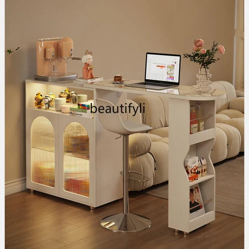 

French Cream Style Retractable Small Bar Wine Cabinet Living Room Sofa Edge Hallway Integrated Stone Plate Table Entrance