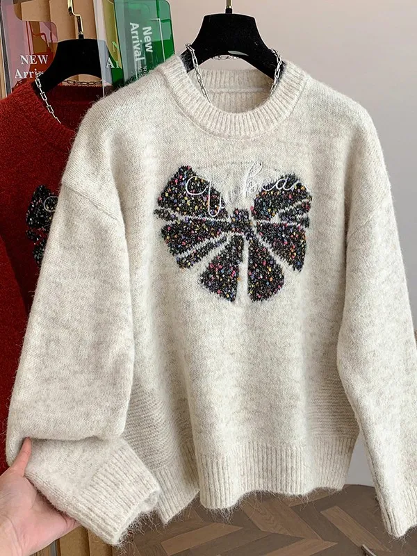 

Women's Casual Loose Knitted Sweater with Knot Thi Winter Base Layer Top Large Size Comfortable Leisurewear