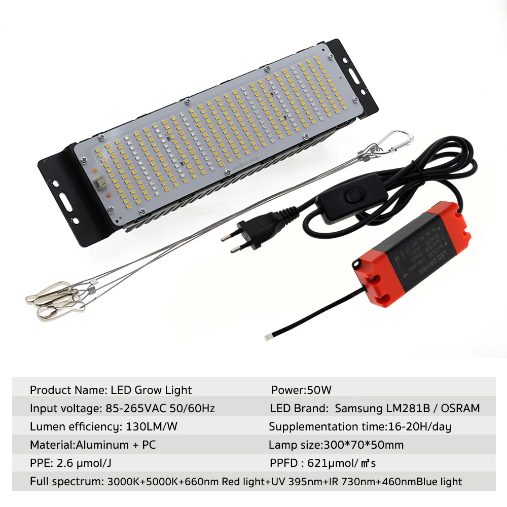 LED Grow Light spettro completo 85-265V 50W Samsung IM281B Phytolamp per piante tenda serra LED lampada crescente con adattatore