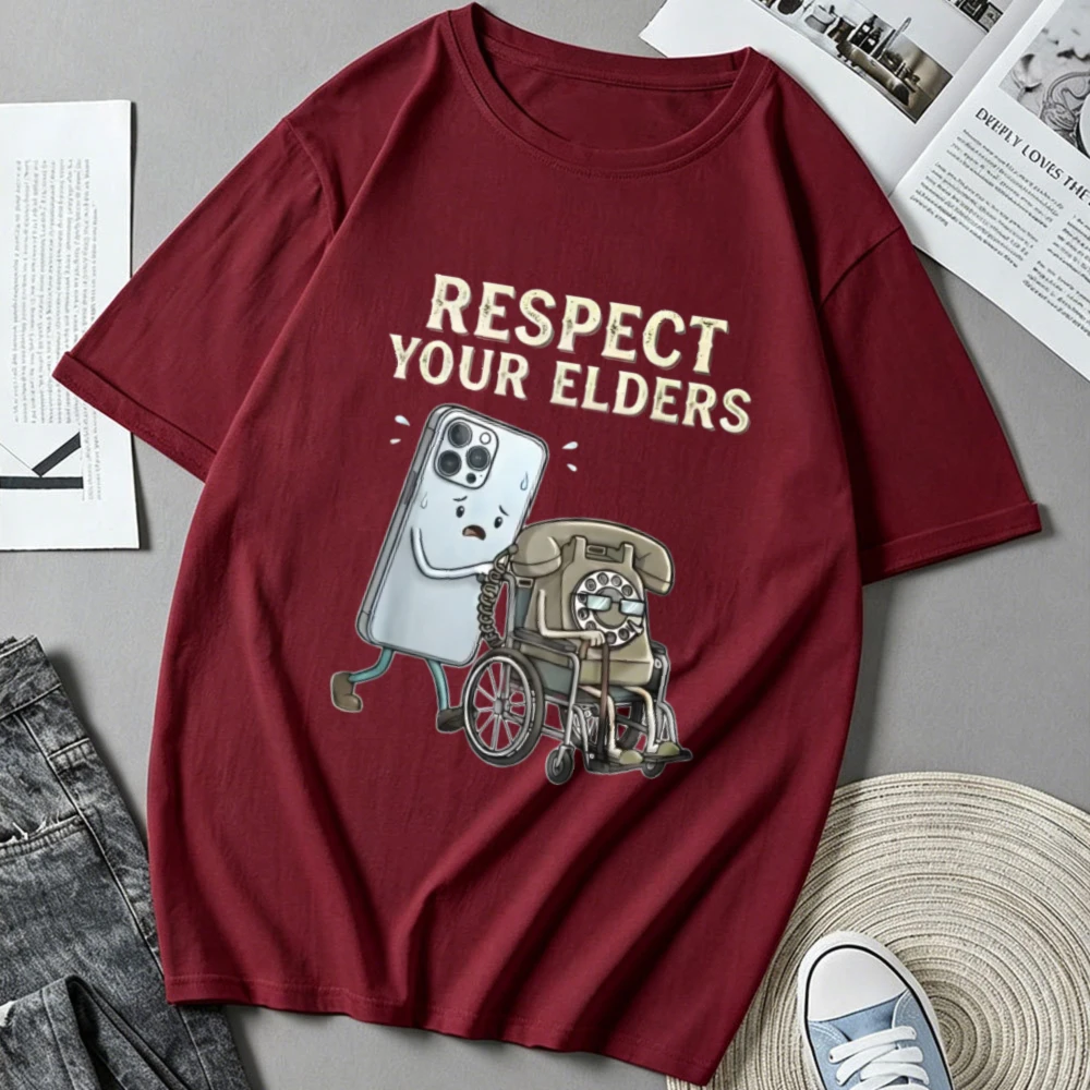 Respect Your Elders Retro Rotary Phone Smartphone T Shirt Men Women Funny Vintage Telephone Cartoon Tee Casual Short Sleeve Tops