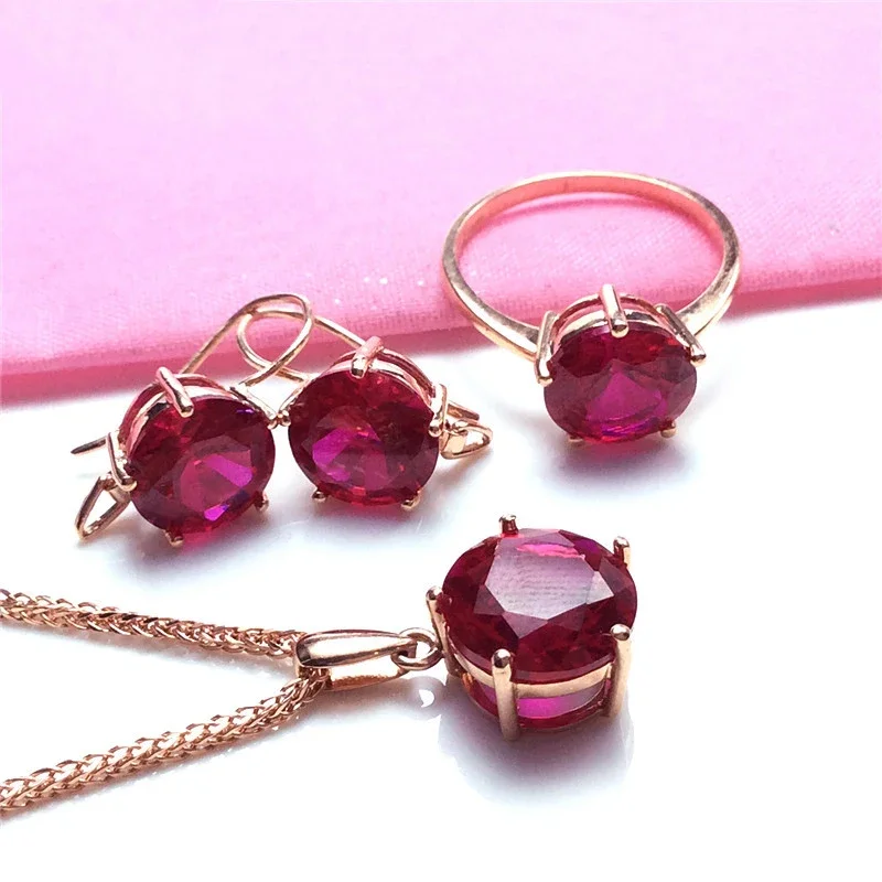 

Round Ruby Jewelry Sets Light Luxury Fashion Glamour Earrings for Women Necklaces Rings Plated 14K Rose Gold