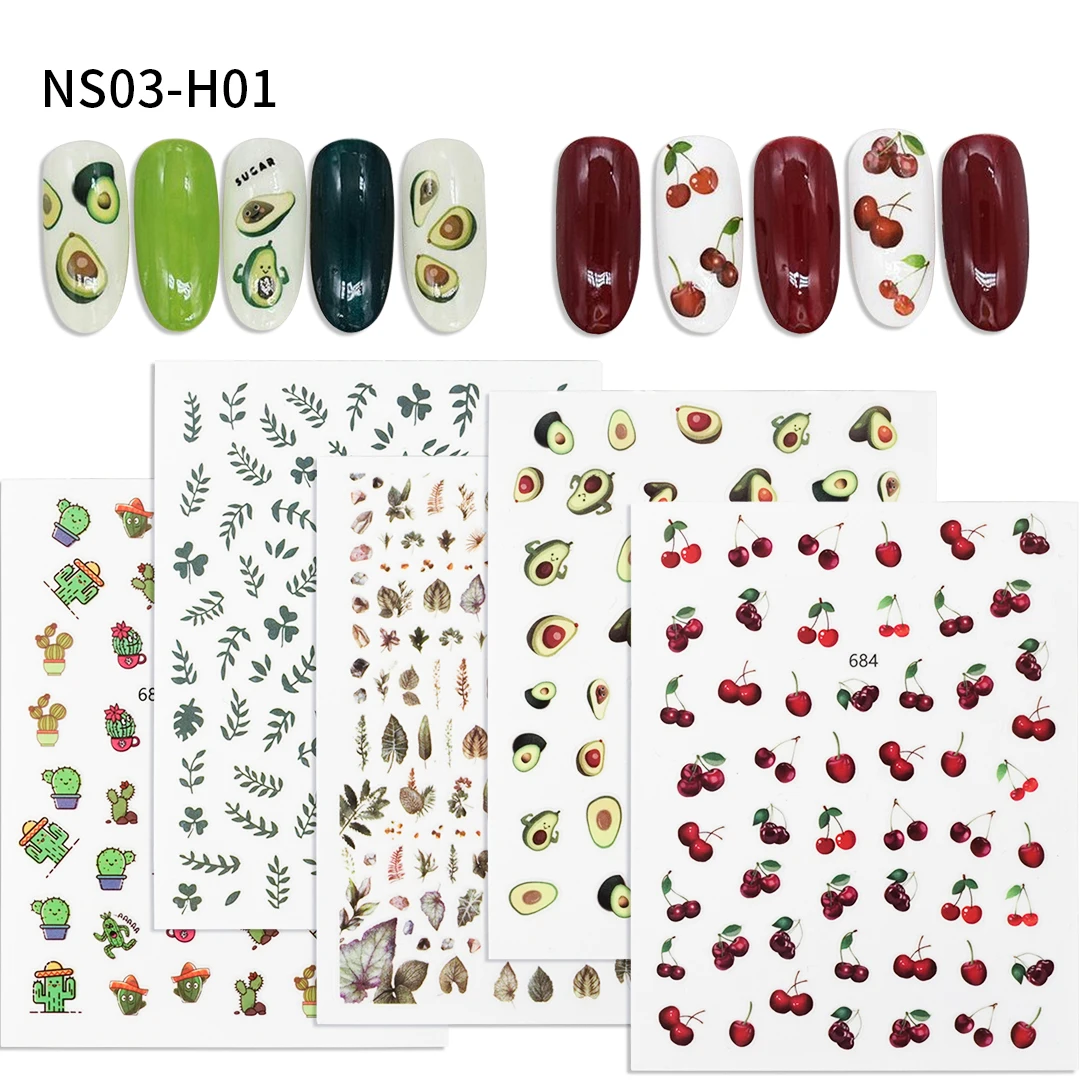 

Summer Green Leaf Cherry 3d Engraved Cute Nail Sticker Decorations Press on Decals Design Sticker Korean Manicure Wraps 2303-08