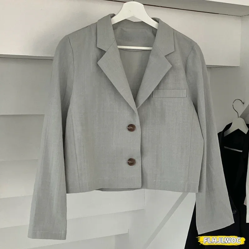 Cotton Linen Blazer Chic  High Street Women Cute Elegant Office Lady Button  Short Coats Jackets Blazers