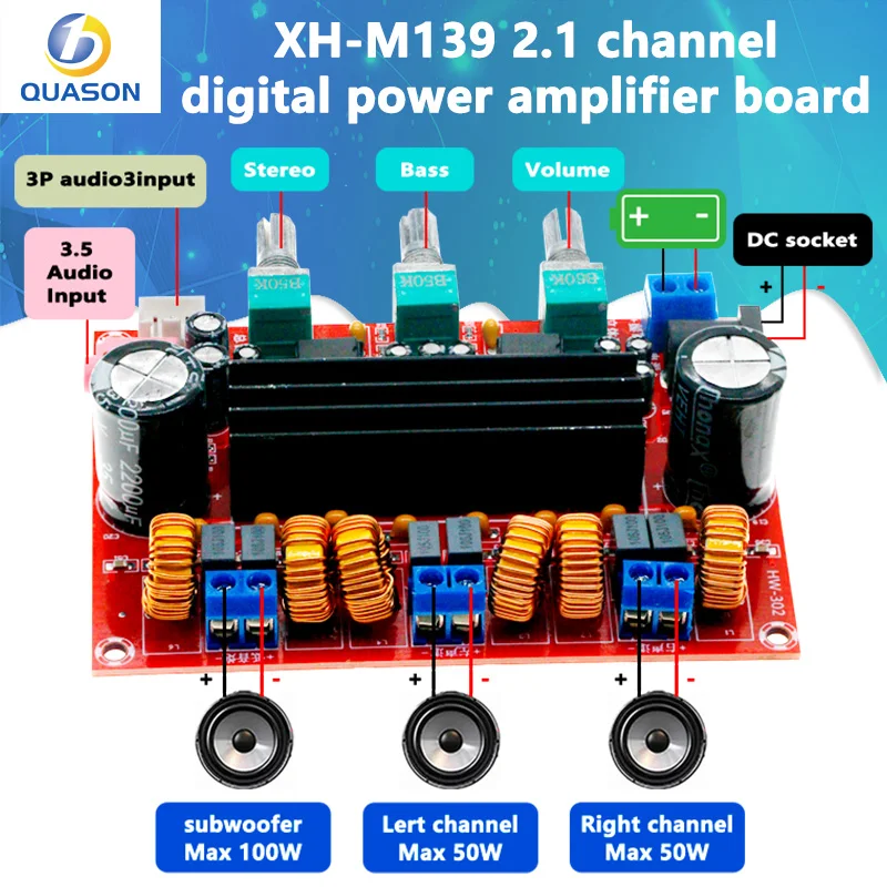 XH-M139 2.1 channel digital power amplifier board 12V-24V wide voltage TPA3116D2 2*50W+100W