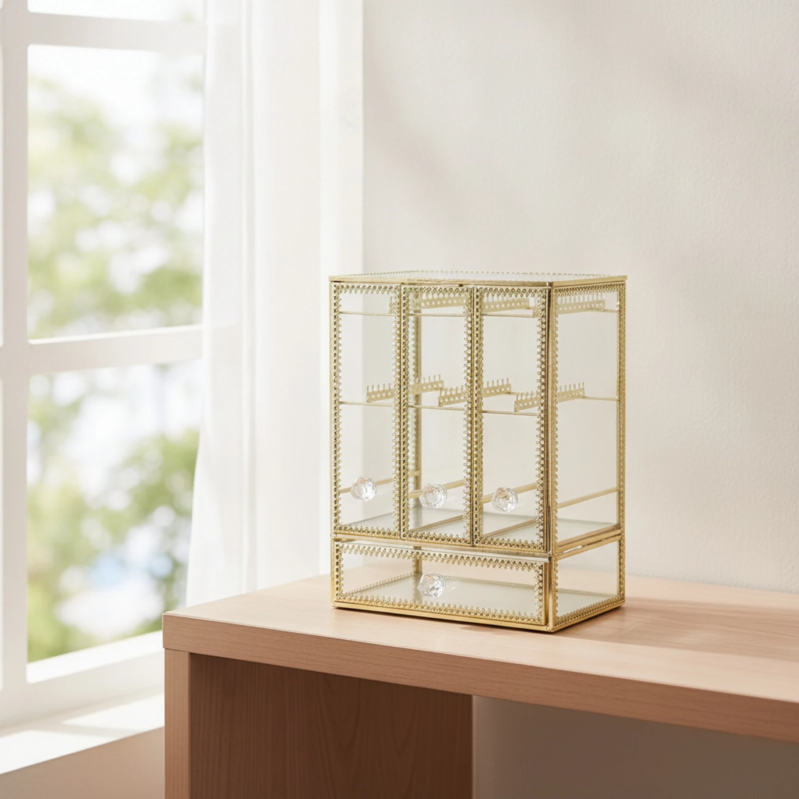 Jewelry Organizer with Hanging Rods 3-Compartment Jewelry Organizer with Drawers Rectangular Decorative for Women, Vanity