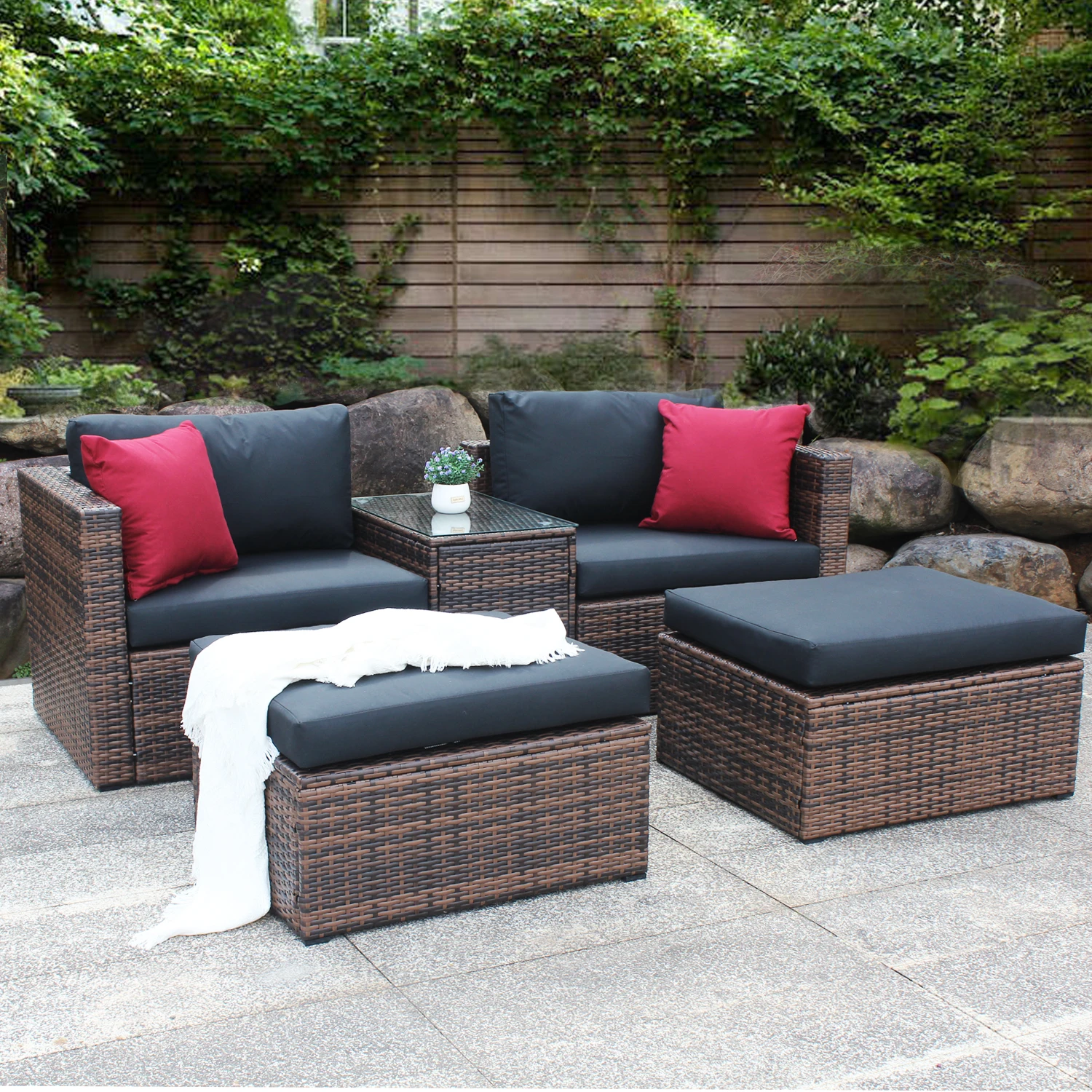 

5 Pc Patio Furniture Set Outdoor Patio Garden Brown Wicker Sectional Conversation Sofa Set with Furniture Protection Cover