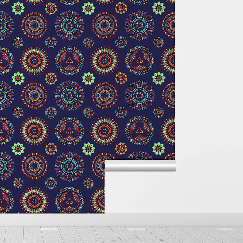 Bohemian Dark Blue Circle PVC Wallpaper Self-adhesive Boho Geometric Pattern Wallpaper Refrigerator Cabinet Vinyl Wall Sticker