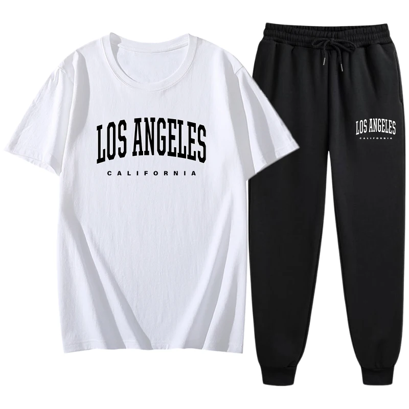 2025 Newest Mens Urban Leisure T-shirts and Loose Sweatpants High Quality Los Angeles Printed Pure Cotton Tees Short Sleeved Top