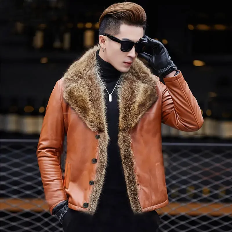 Male Raccoon Fur Collar Long Fur One Leather Men\'s Jacket Large Fur Warm Plus Size 4XL 5XL Winter Real Sheep Leather Coat MZ3267