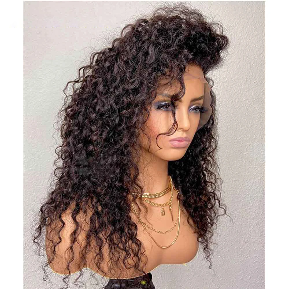 Natural Black Soft 180Density 26Inch Long Kinky Curly Lace Front Wig For Women BabyHair Heat Resistant Glueless Preplucked Daily