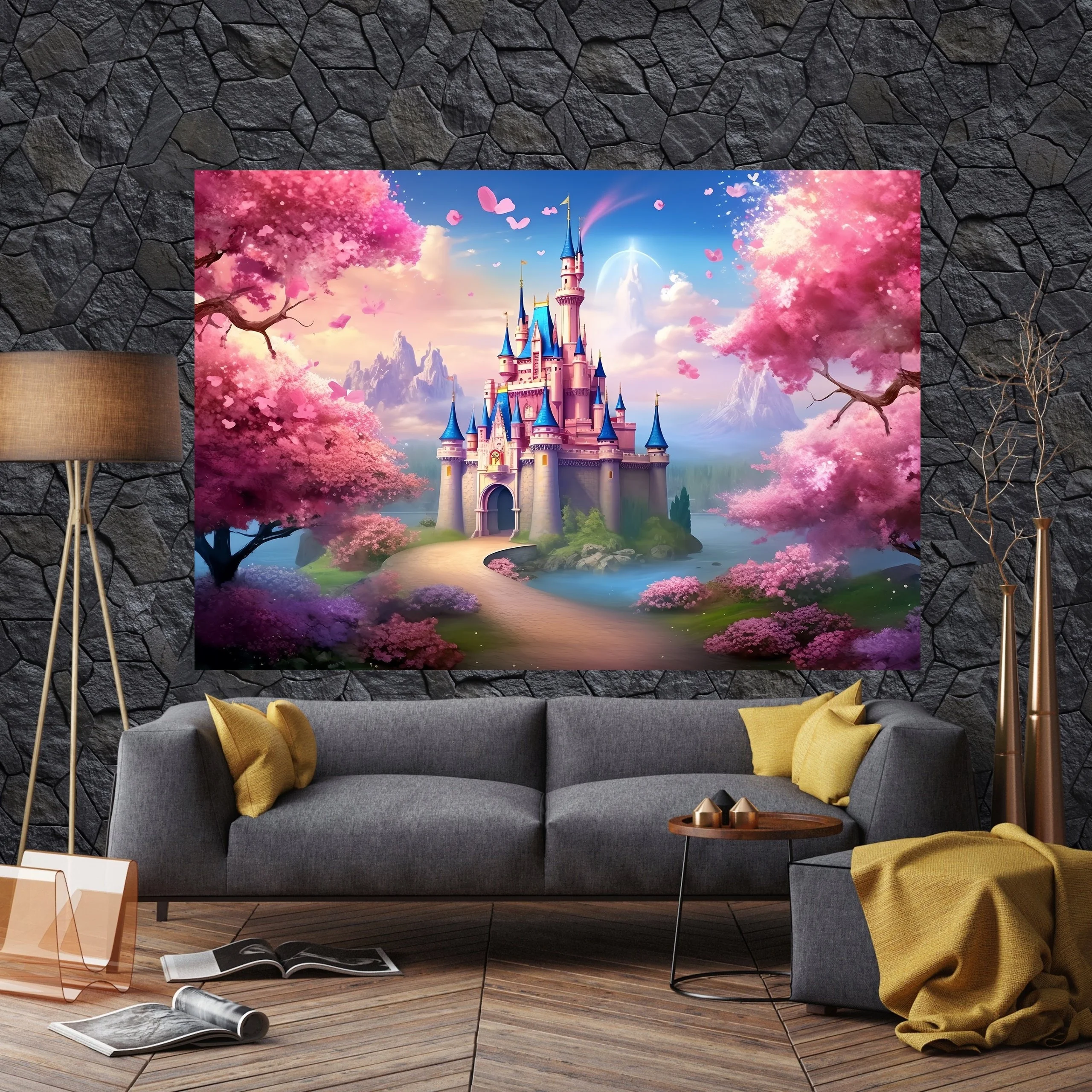 Castle background polyester fabric pink cherry blossom forest rainbow flower fantasy fairy tale foot photography background