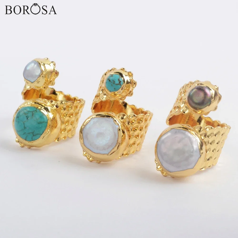 

BOROSA Fashion Gild Natural White & Black Natural Pearl Wrap Ring Blue Howlite & White Pearl Bang Rings for Women Jewelry Gifts