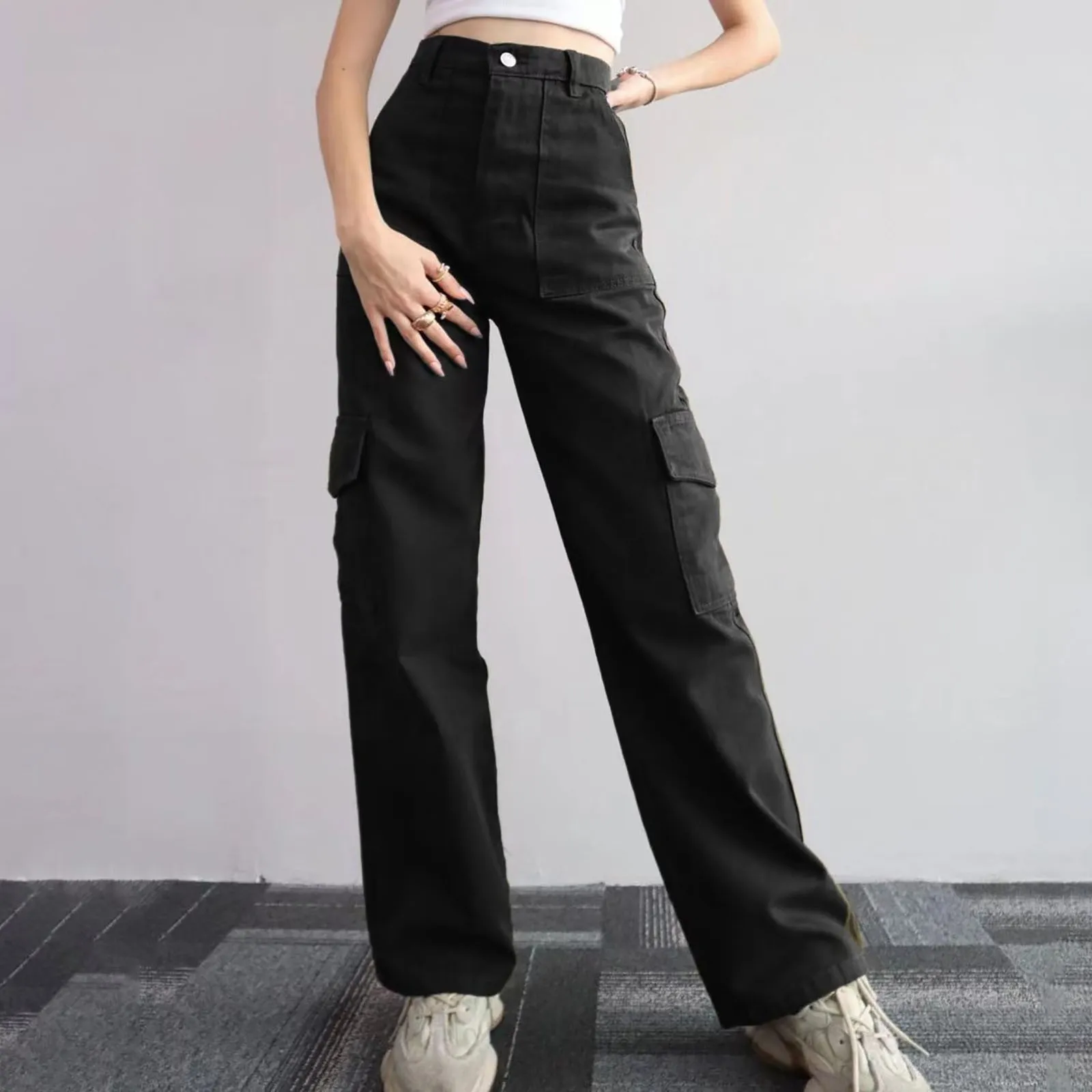 

Y2k Women Vintage Cargo Pants Streetwear Techwear Korean Harajuku Parachute Pants Beige Sweatpants Wide Leg Joggers Trousers