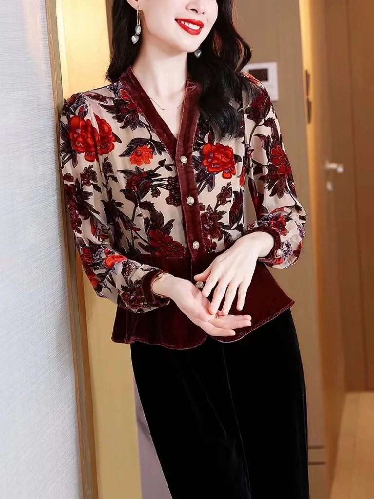 Fall Spring 2024 New Women Wine Red Velvet Floral V Neck Top Shirt , Woman High Waisted Velour Tops Shirts