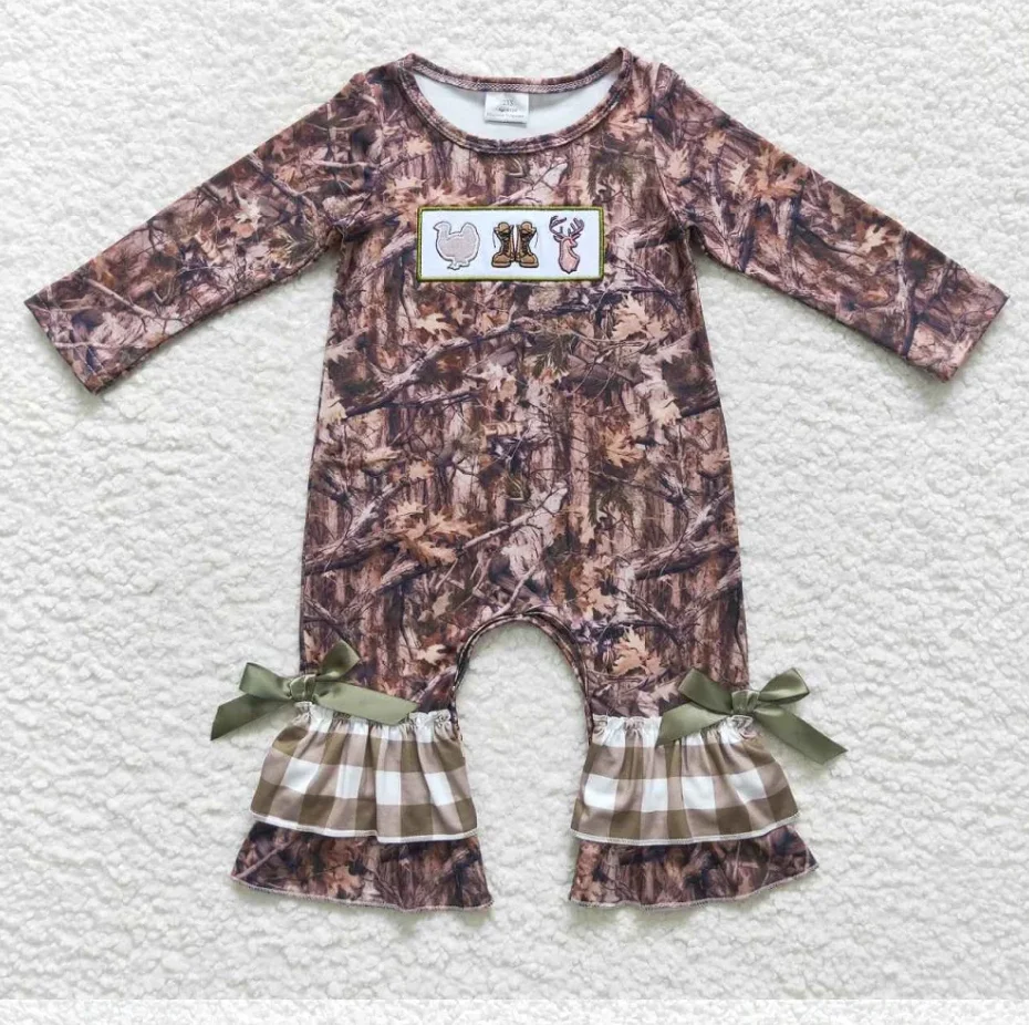 

Комбинезон с длинными рукавами и вышивкой для маленьких мальчиков и девочек, цельный детский камуфляжный комбинезон с рюшами для новорожденных
