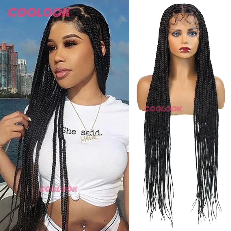 

36" Synthetic Double Full Lace Wigs For Black Women Knotless Box Braided Wigs for Women Heart and Round Braid Wig with Baby Hair