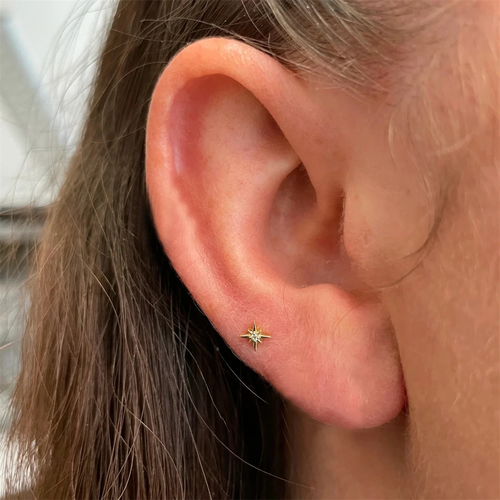 Canner 925 Sterling Silver eight-pointed star Design series Piercing Stud Earring For Women 18K Gold  Flat head thread Jewelry
