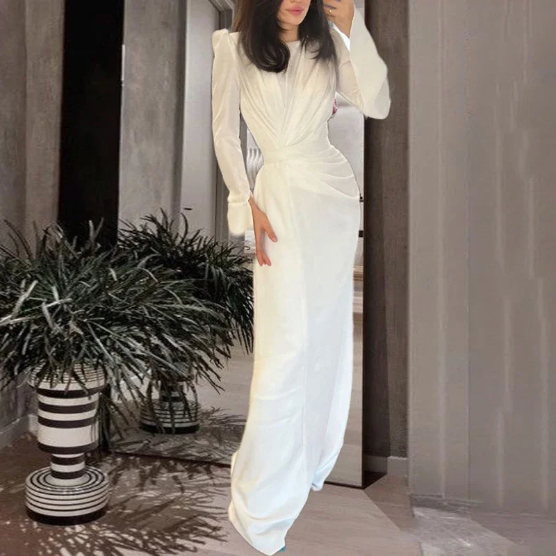 Elegant Dresses for Women 2024 Spring O Neck Solid Tunic Slim Bodycon Long Party Dress Autumn Long Sleeve Draped Boho Maxi Dress