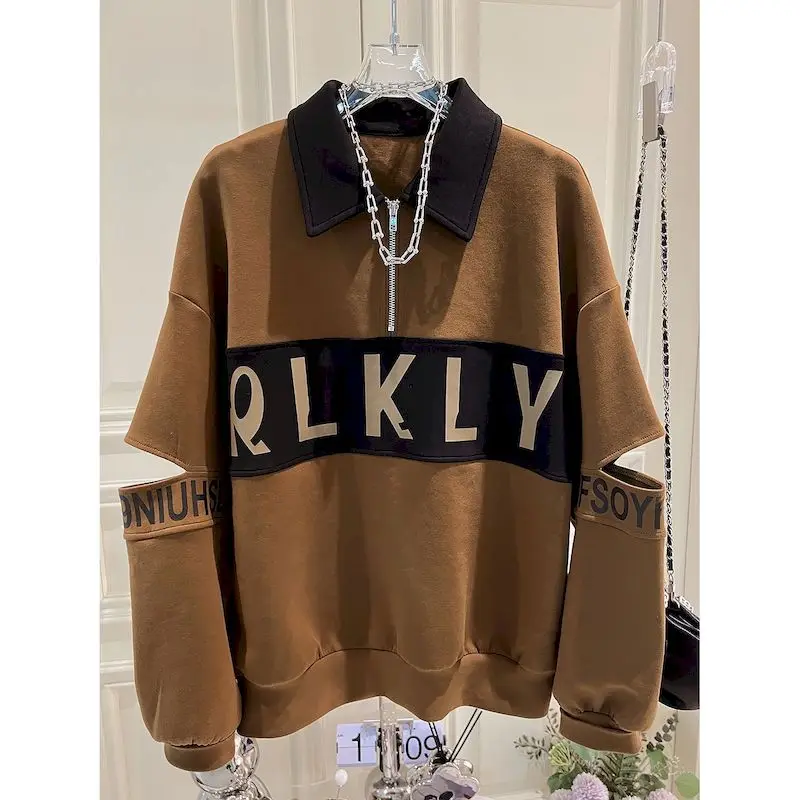 Korean Style Pullovers Women Fashion Design Broken Sleeve Pullover Casual Loose Lapel Tops Spring Autumn Trendy Sweatshirts Y2k