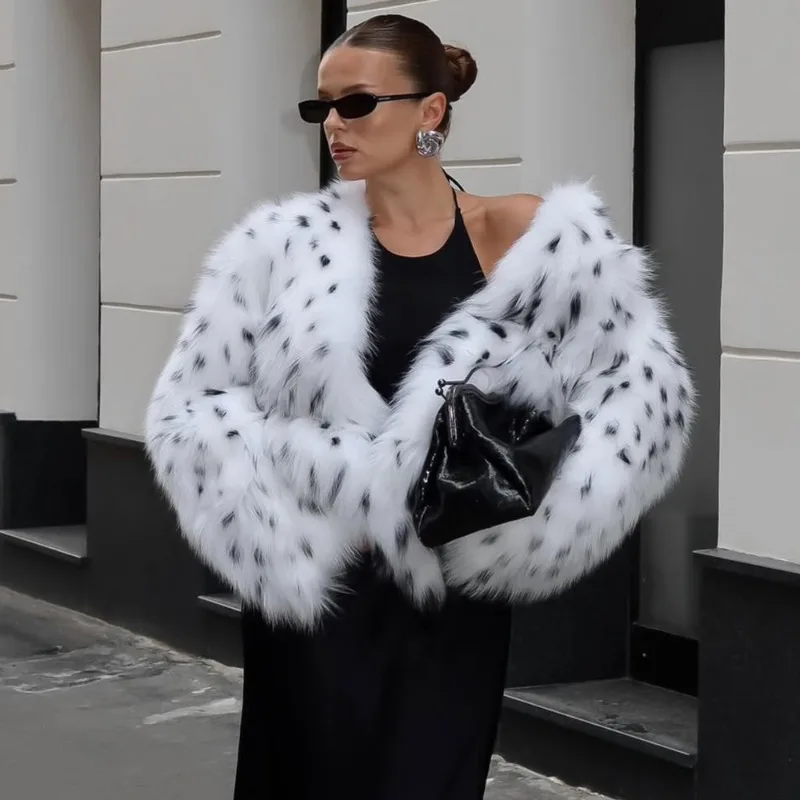 Tuularose Winter Leopard Print Faux Fur Women Plush Thickened Coats Retro High Street Fashion Loose Slim Chic Women Fur Outwear